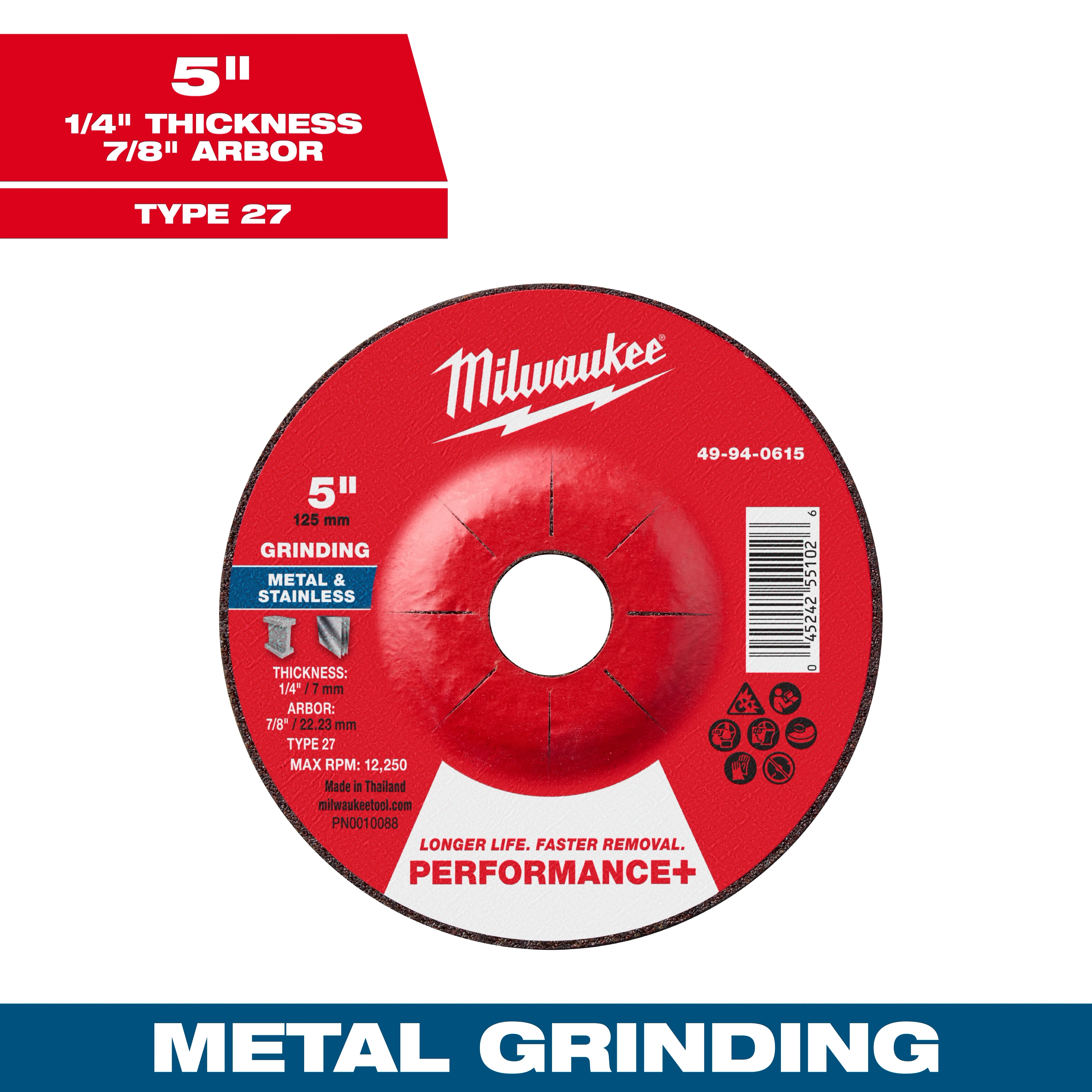 5" x 1/4" x 7/8" Performance+ Metal Grinding Wheel - Type 27 in red packaging for metal and stainless grinding.