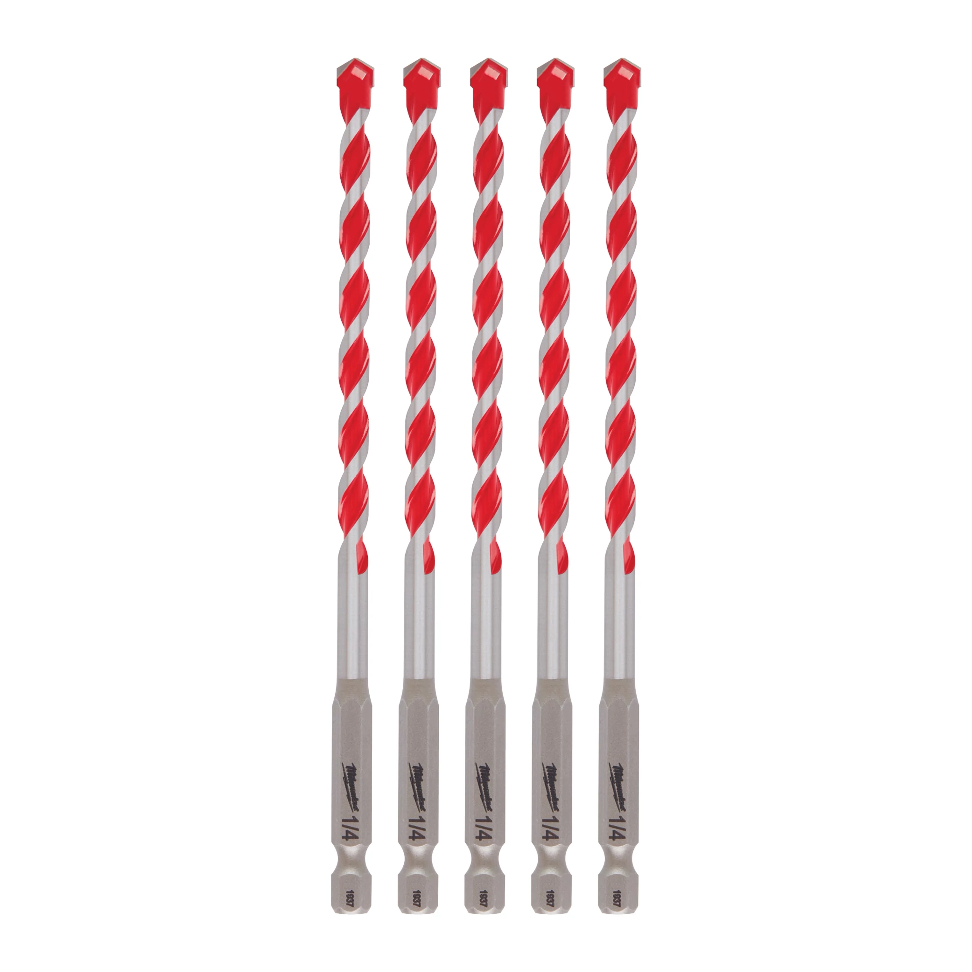 Shockwave Carbide Hammer Drill Bit, 5pc. set 1/4" features five red-and-silver drill bits with carbide tips for durability and precision.