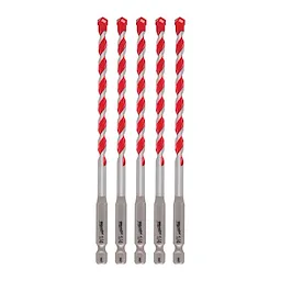 Shockwave Carbide Hammer Drill Bit, 5pc. set 1/4" features five red-and-silver drill bits with carbide tips for durability and precision.