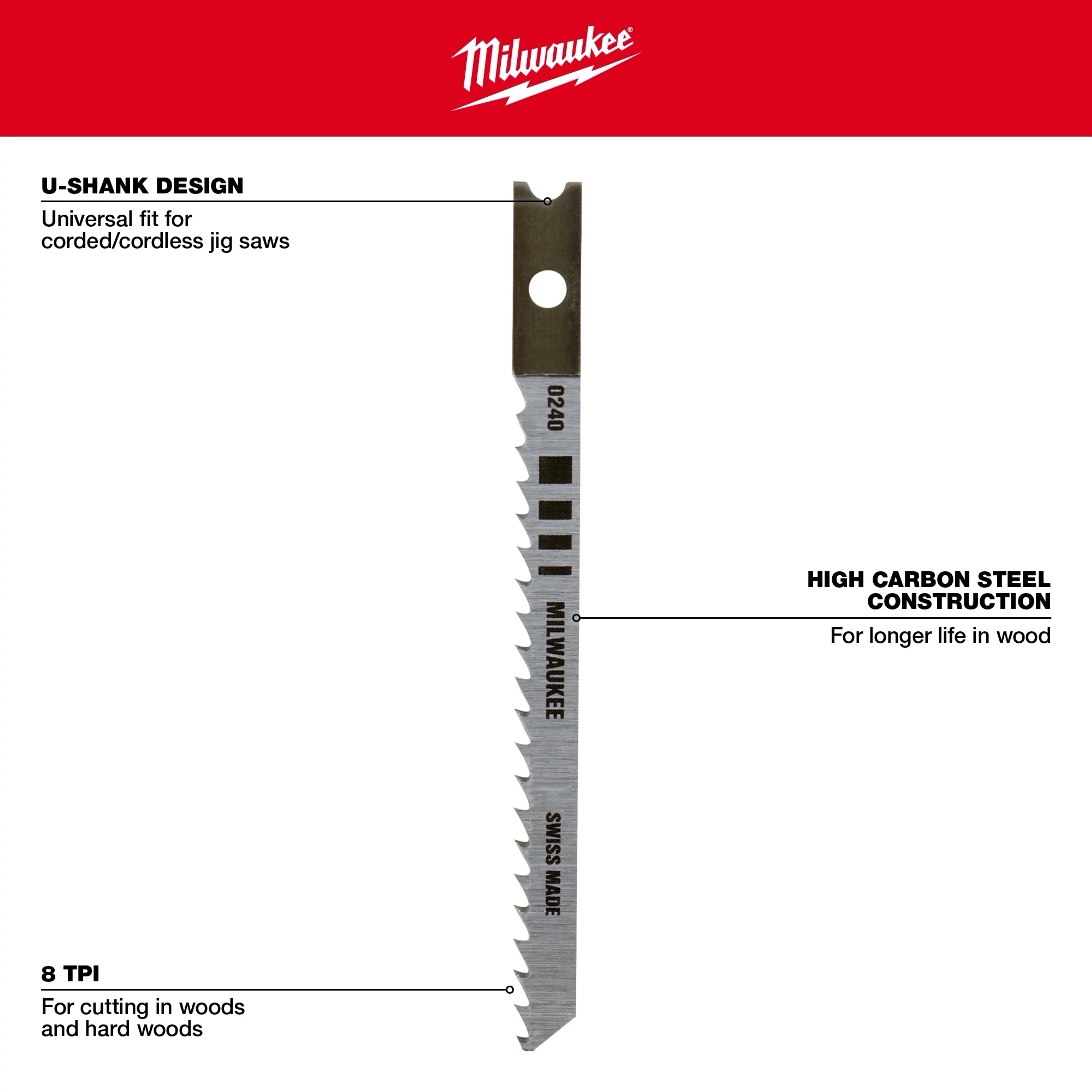 3-1 1/8" 8TPI U-Shank Wood High Carbon Steel Jig Saw Blades 5PK features a universal fit, high carbon steel, and 8 TPI for wood cutting.