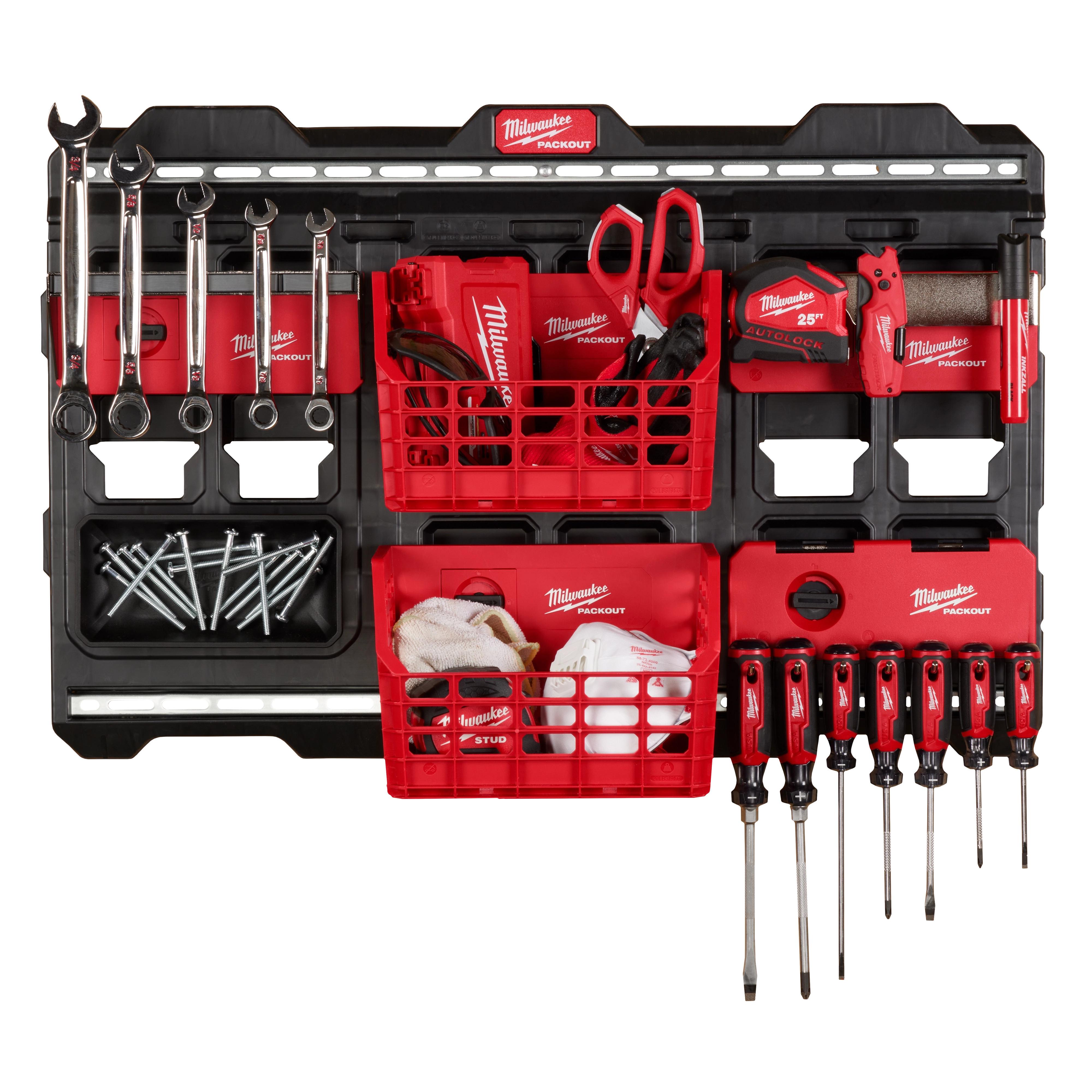 The 6-Piece PACKOUT Shop Storage Kit with 2 Compact Wall Baskets holds various tools, screws, and small storage baskets on a wall mount.