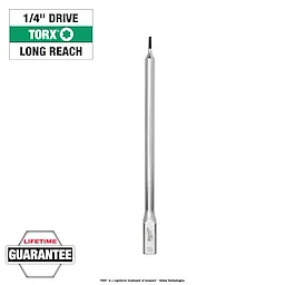 Quarter-inch drive T8 long TORX bit socket with a hexagonal base, extended shaft length, and a lifetime guarantee badge.