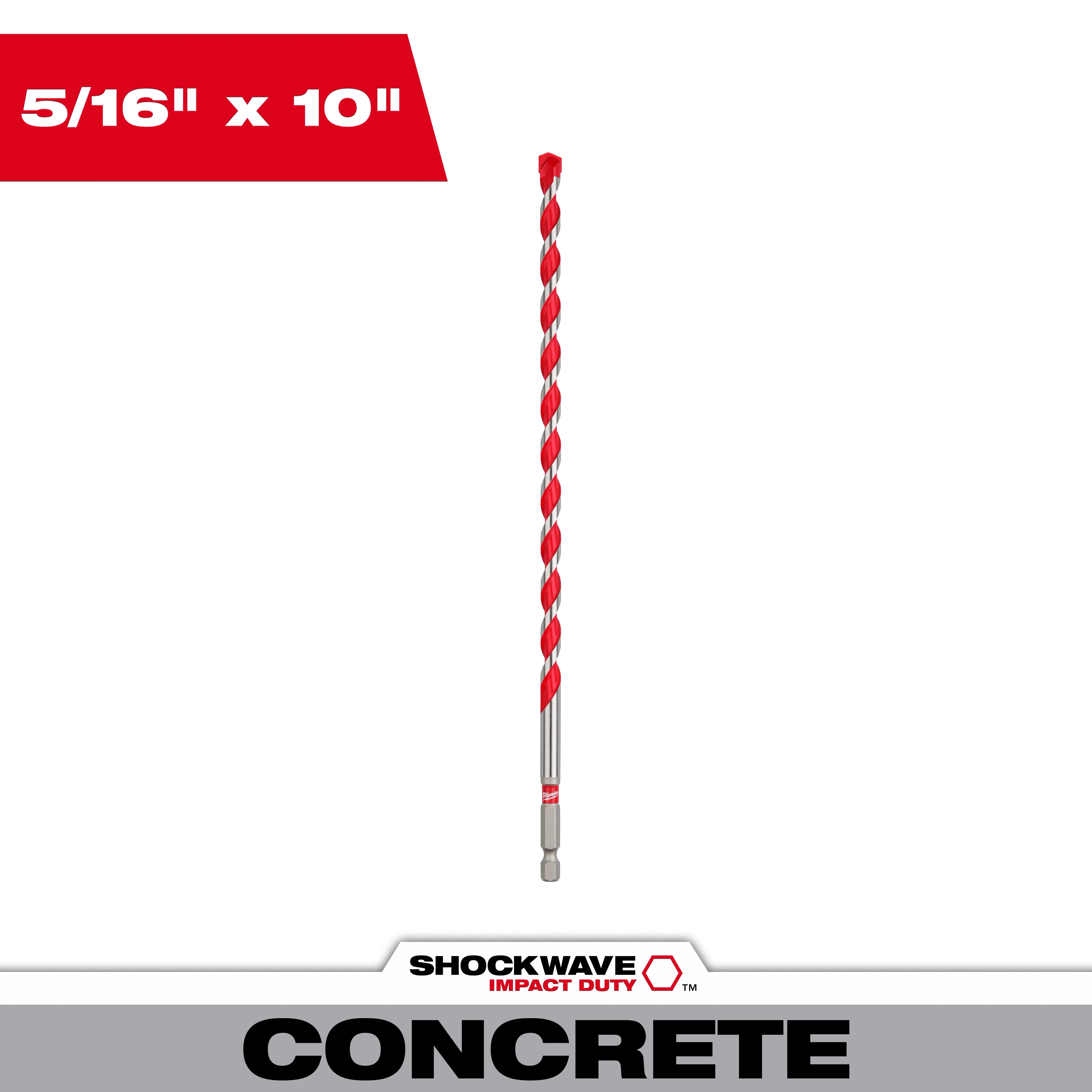 Shockwave Impact Duty carbide hammer drill bit measuring 5/16" x 10" for concrete drilling with red and silver spiral design.