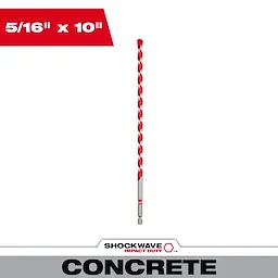 Shockwave Impact Duty carbide hammer drill bit measuring 5/16" x 10" for concrete drilling with red and silver spiral design.
