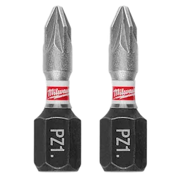 The image shows two SHOCKWAVE™ 1" Impact Duty Pozidriv #1 Insert Bits (2 PK). The bits are labeled with "PZ1" and feature a black base with a metallic tip, and a red and white "Milwaukee" branding band near the top.