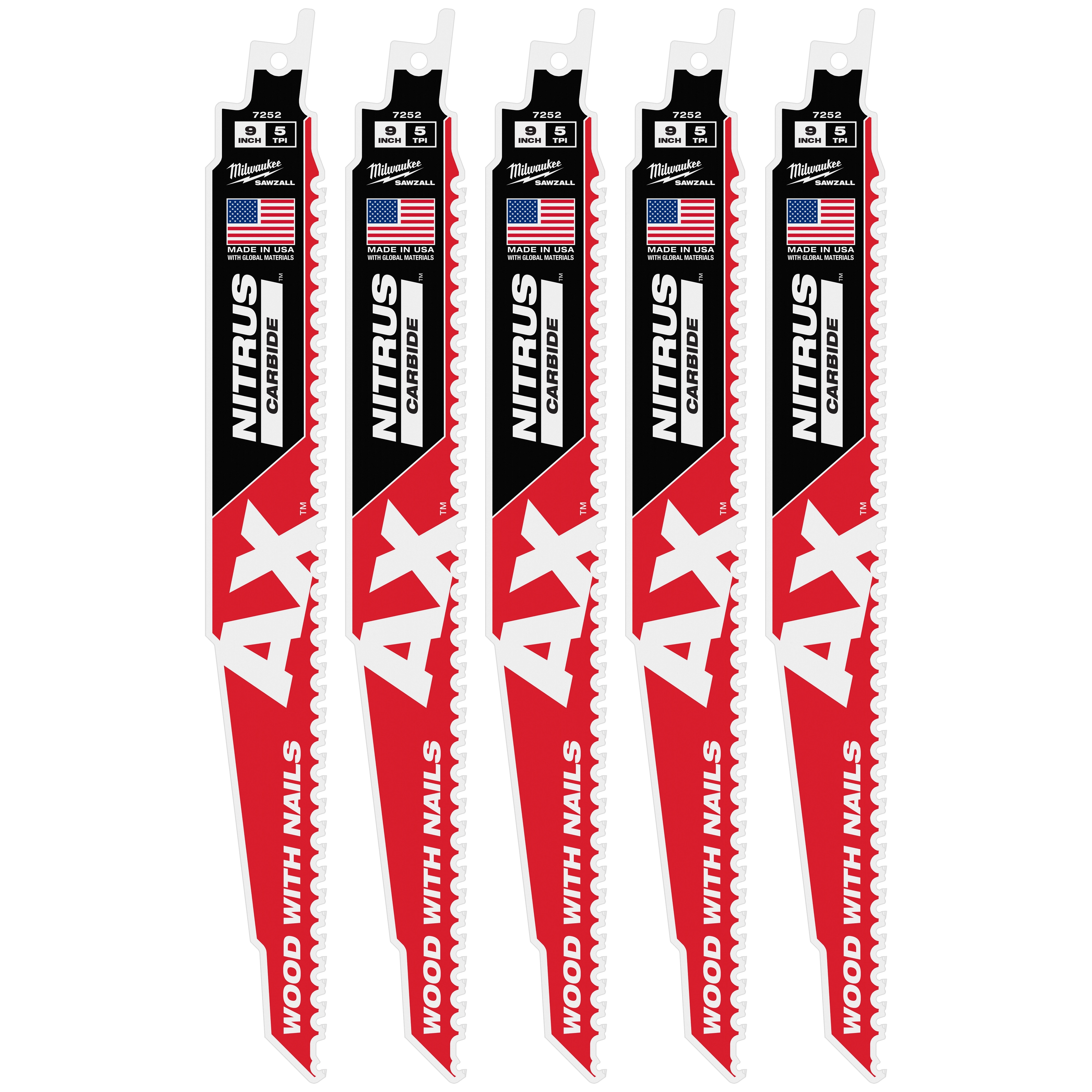 Five 9-inch SAWZALL® AX™ blades for wood with nails, featuring 5 TPI and NITRUS™ carbide teeth. The blades have a red and black design with the words "AX" and "WOOD WITH NAILS" printed on them, and are branded by Milwaukee with made-in-USA markings.
