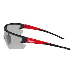 Safety Glasses - Gray Anti-Scratch Lenses with black and red frame featuring a sleek design and the Milwaukee logo on the side.