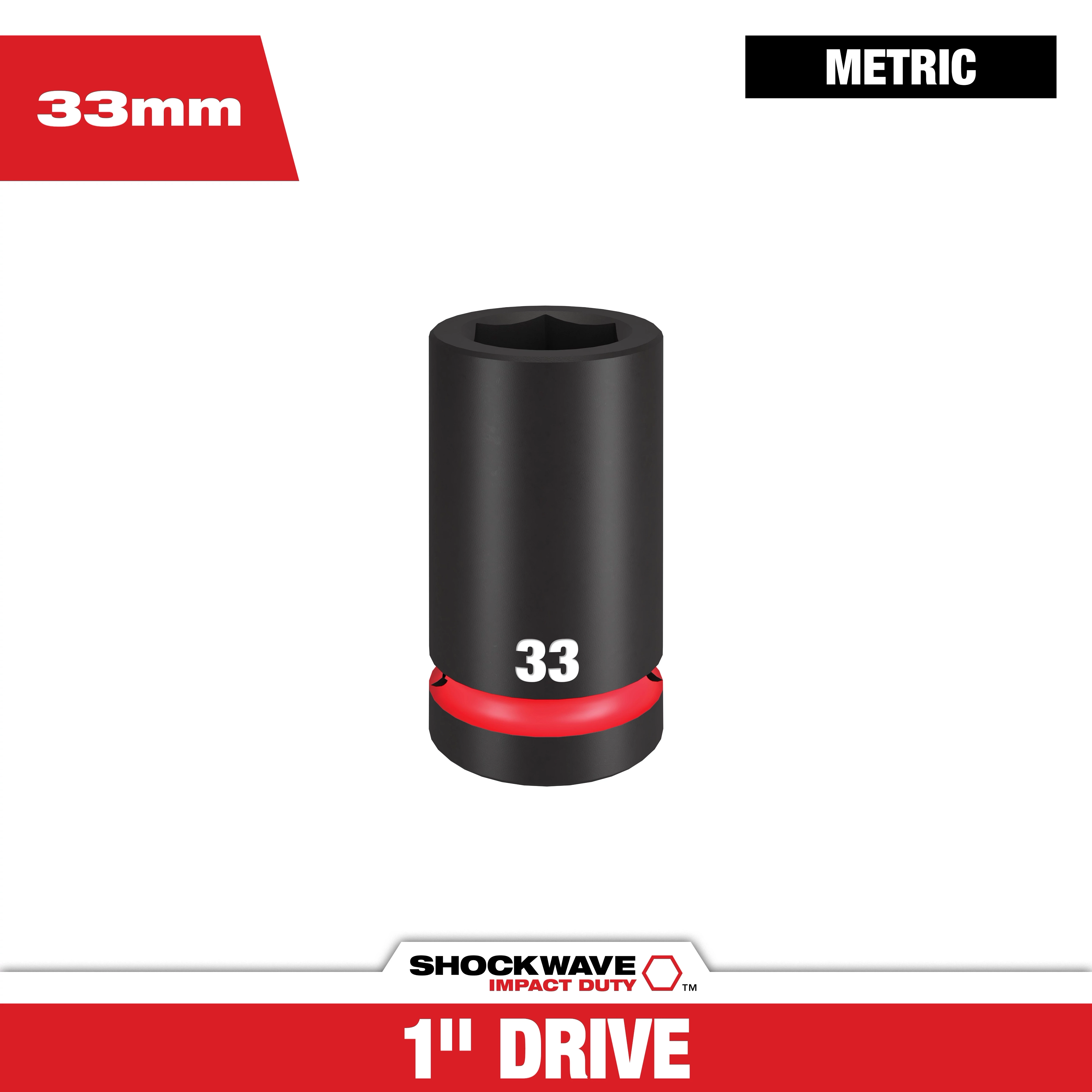 SHOCKWAVE Impact Duty 1" Drive 33mm Deep 6 Point Socket, black with a red ring at the base, labeled "33" in white.