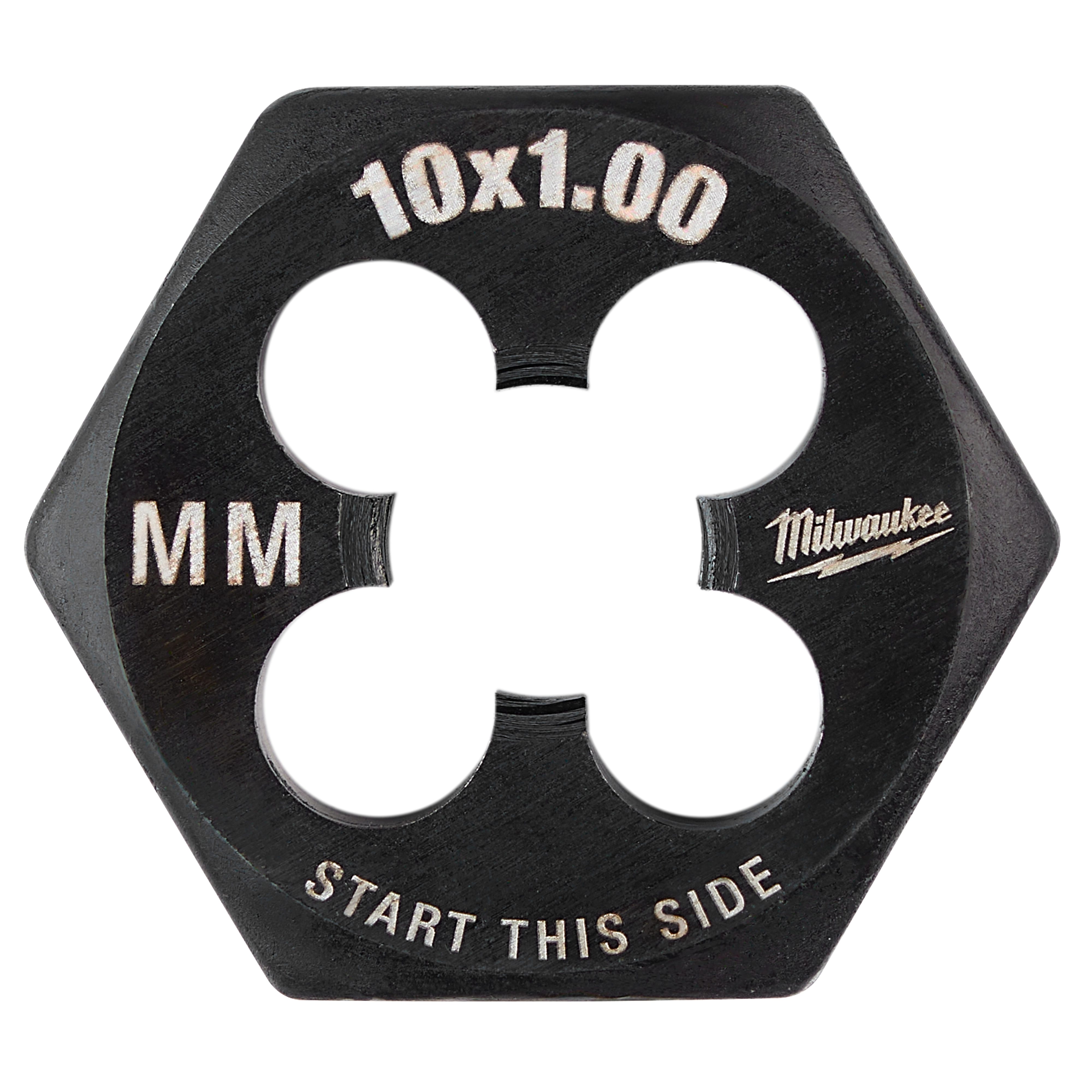 M10-1.00 20mm 1-Inch Hex Threading Die. Black hexagonal die with white engraved text indicating the thread size and start direction.