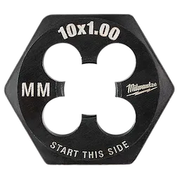 M10-1.00 20mm 1-Inch Hex Threading Die. Black hexagonal die with white engraved text indicating the thread size and start direction.