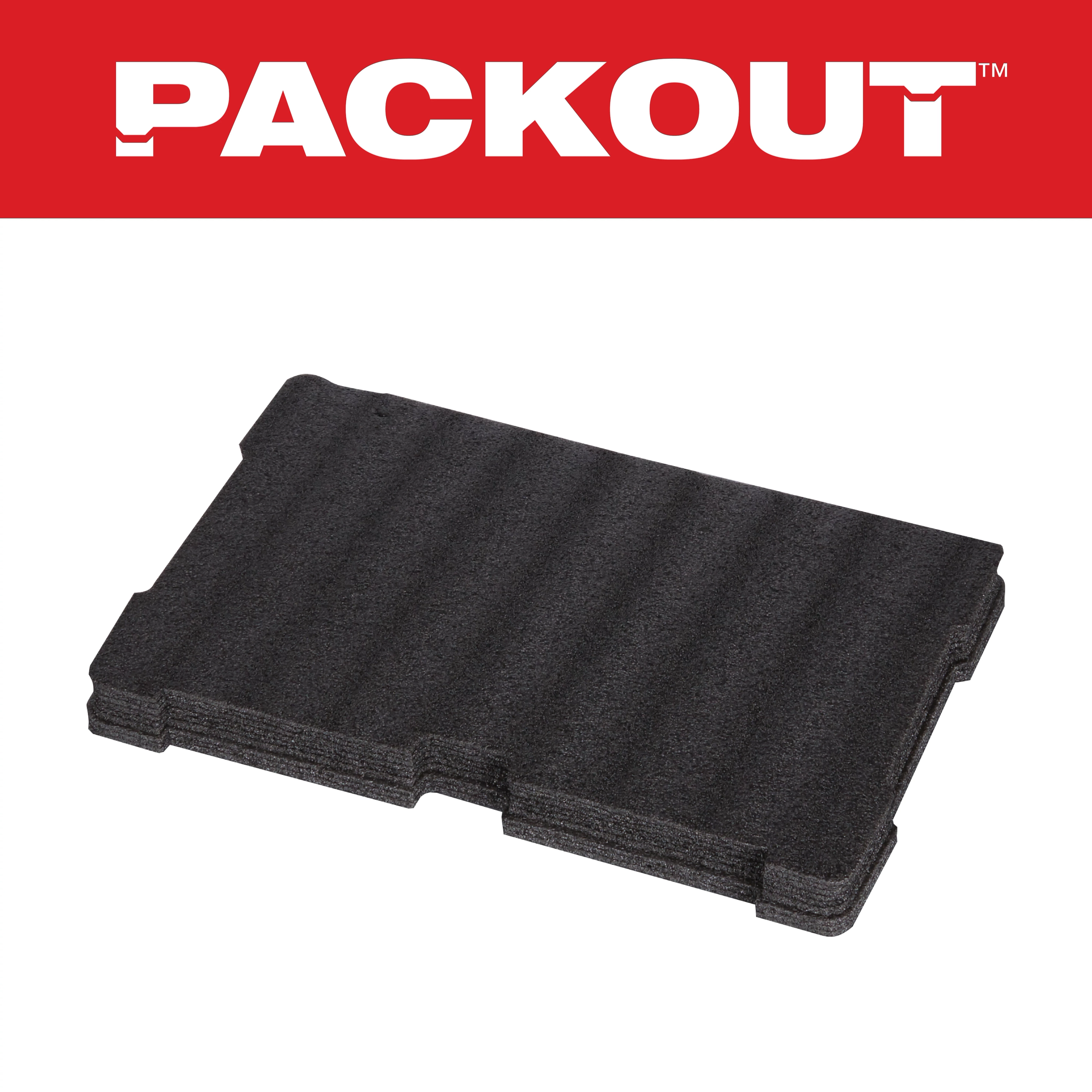 Customizable Foam Insert for Packout storage system, featuring a rectangular, dark foam block with notches for fitting and customization.