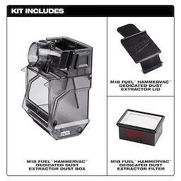 49-90-2344 Kit Includes: M18 FUEL HAMMERVAC dedicated dust extractor dust box, lid, and HEPA filter in three sections.