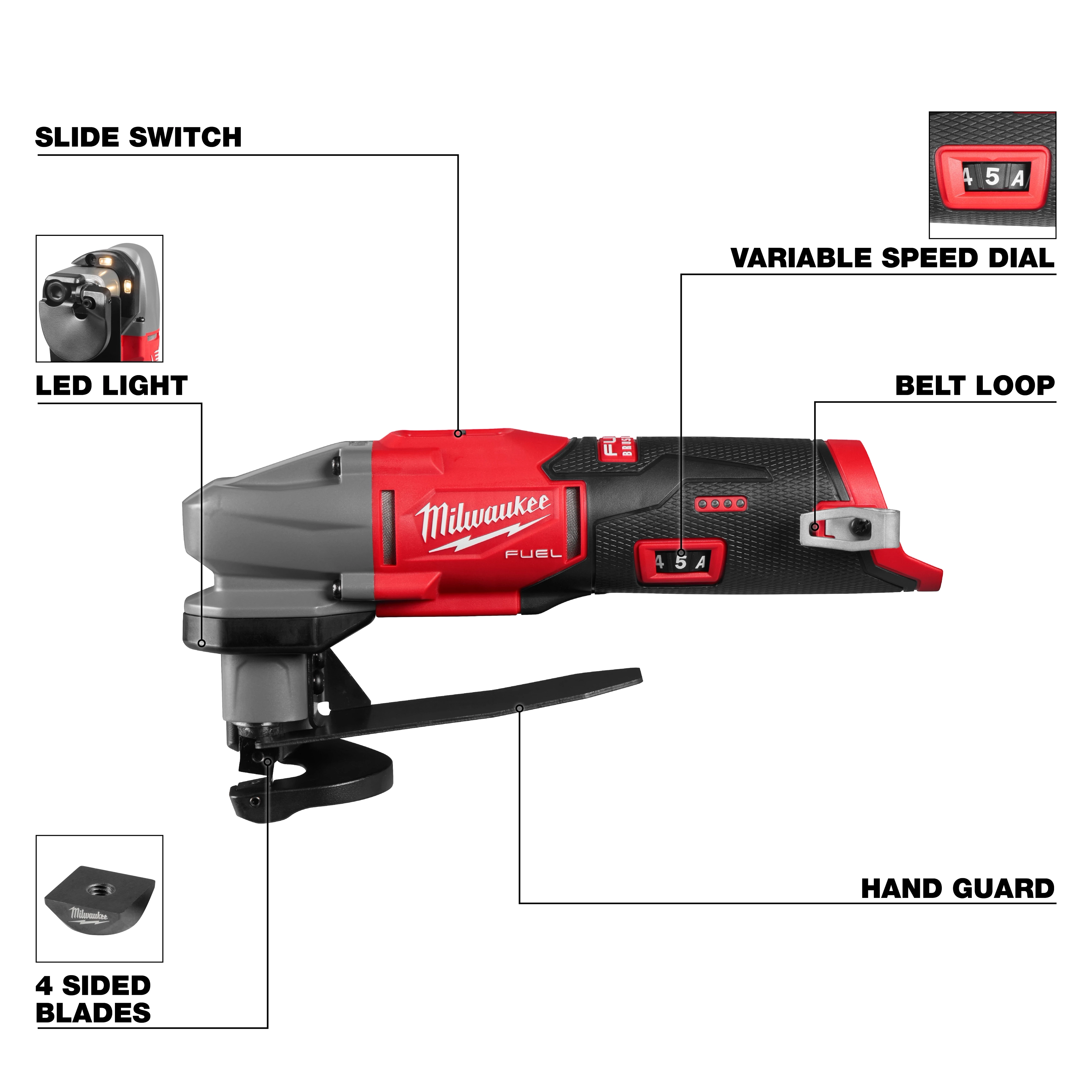 M12 FUEL 16 Gauge Scroll Shear with labeled slide switch, LED light, variable speed dial, belt loop, and hand guard.