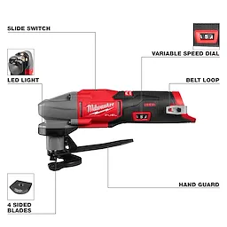 M12 FUEL 16 Gauge Scroll Shear with labeled slide switch, LED light, variable speed dial, belt loop, and hand guard.