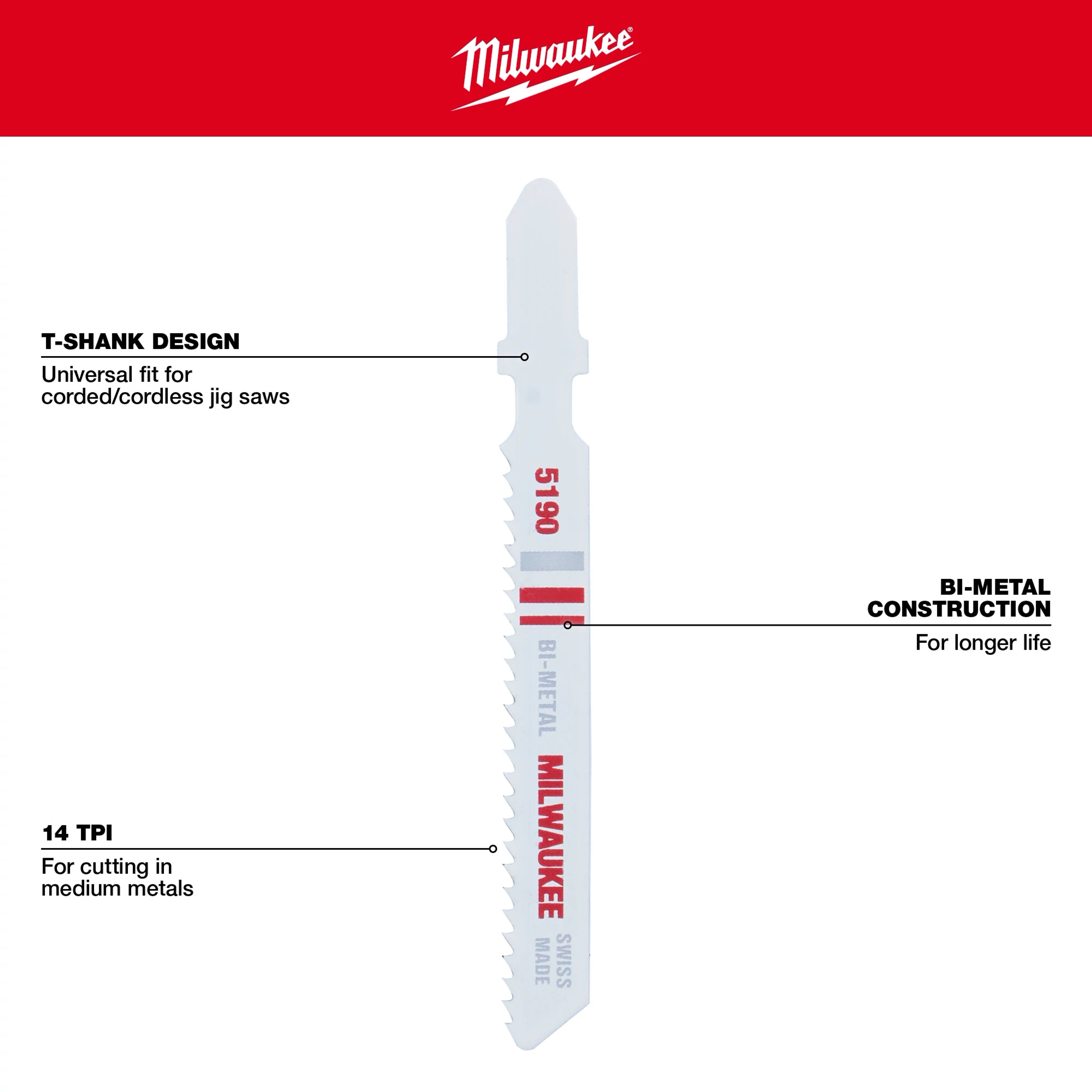 Milwaukee 3" 14 TPI T-Shank Metal Cutting Bi-Metal Jig Saw Blades 5PK with T-shank design, 14 TPI, and bi-metal construction.