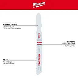 Milwaukee 3" 14 TPI T-Shank Metal Cutting Bi-Metal Jig Saw Blades 5PK with T-shank design, 14 TPI, and bi-metal construction.