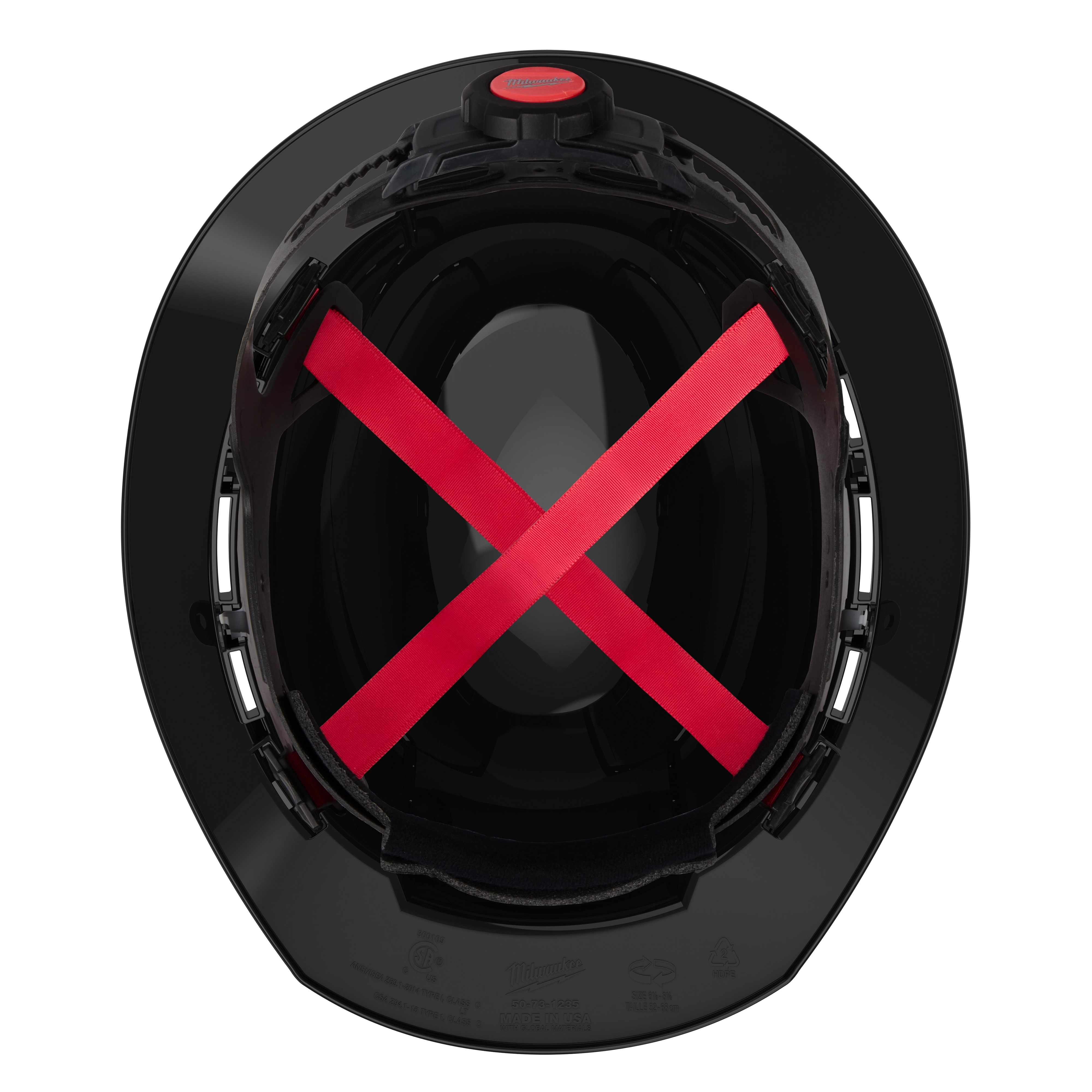 Top view of BOLT Black Full Brim Vented Hard Hat w/4pt Ratcheting Suspension (USA) - Type 1, Class C
