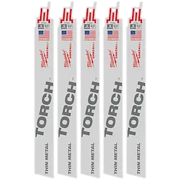 Five 9" 24 TPI The Torch™ SAWZALL® blades for cutting thin metal, displayed upright in a row. The blades are white with red and black text and have "Made in the USA" labels.