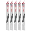 Five 9" 24 TPI The Torch™ SAWZALL® blades for cutting thin metal, displayed upright in a row. The blades are white with red and black text and have "Made in the USA" labels.