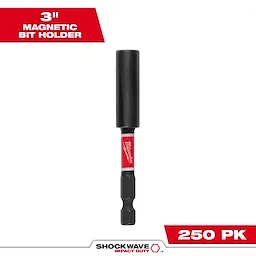 The image shows the SHOCKWAVE™ Impact Duty Magnetic Bit Holder, which is 3 inches long. It is designed for holding drill bits securely and features a magnetic tip. The bit holder has a black and red design with the Milwaukee logo. It is sold in a pack of 250.