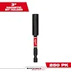 The image shows the SHOCKWAVE™ Impact Duty Magnetic Bit Holder, which is 3 inches long. It is designed for holding drill bits securely and features a magnetic tip. The bit holder has a black and red design with the Milwaukee logo. It is sold in a pack of 250.