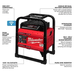 Milwaukee's MX FUEL™ CARRY-ON™ 3600W/1800W Power Supply and Charger includes MX FUEL™ REDLITHIUM™ FORGE™ HD12.0 battery. Features include push button start, integrated charger, 120V 15A outlets, pure sine inverter, single or dual battery operation, and compatibility with ONE-KEY™ for tracking inventory. Chargers mount directly on the back.