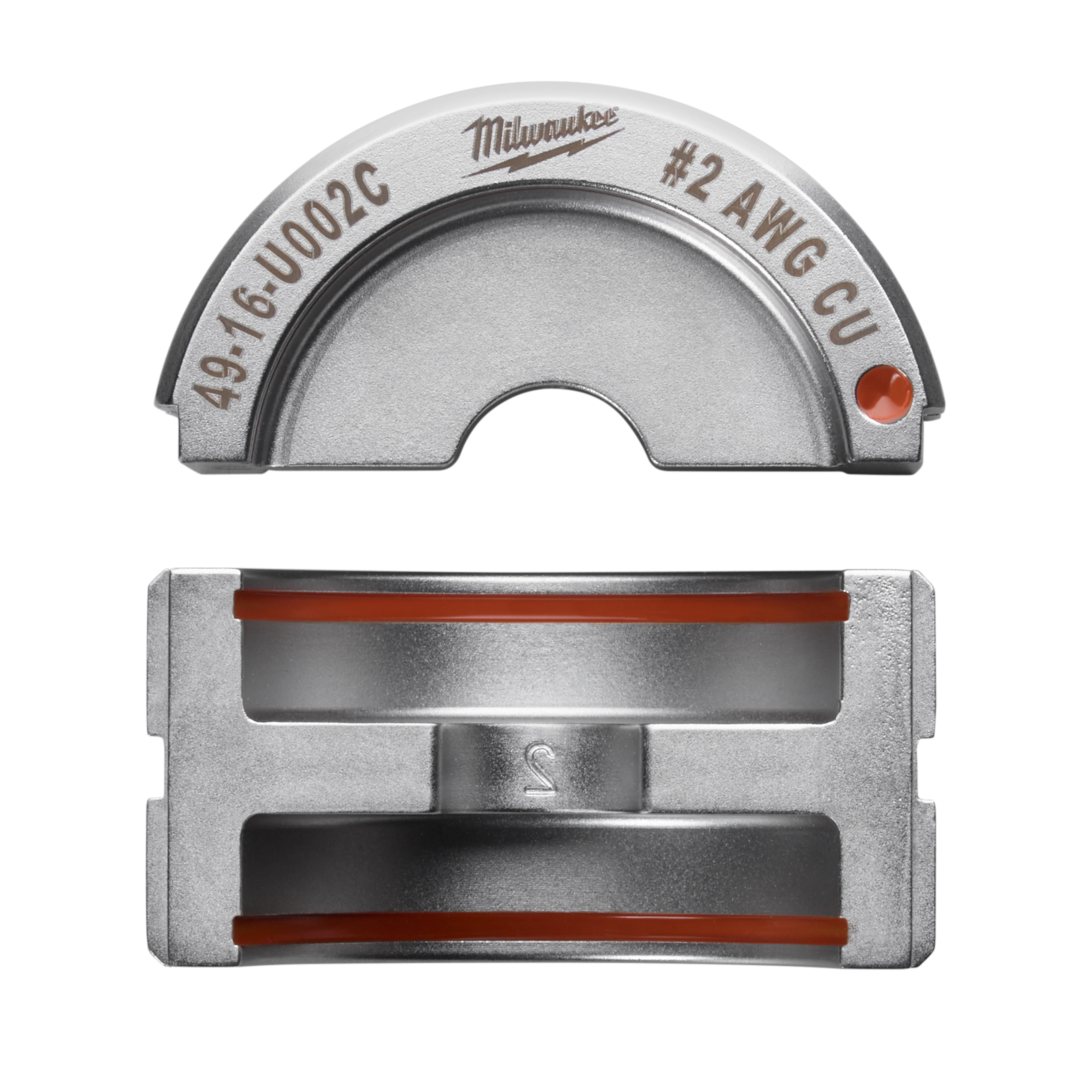 The image features the #2 Copper U Style Die, displaying two parts: a semi-circular top piece labeled with specifications and a rectangular bottom piece with orange accents. It is used for crimping #2 AWG copper conductors.