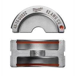 The image features the #2 Copper U Style Die, displaying two parts: a semi-circular top piece labeled with specifications and a rectangular bottom piece with orange accents. It is used for crimping #2 AWG copper conductors.