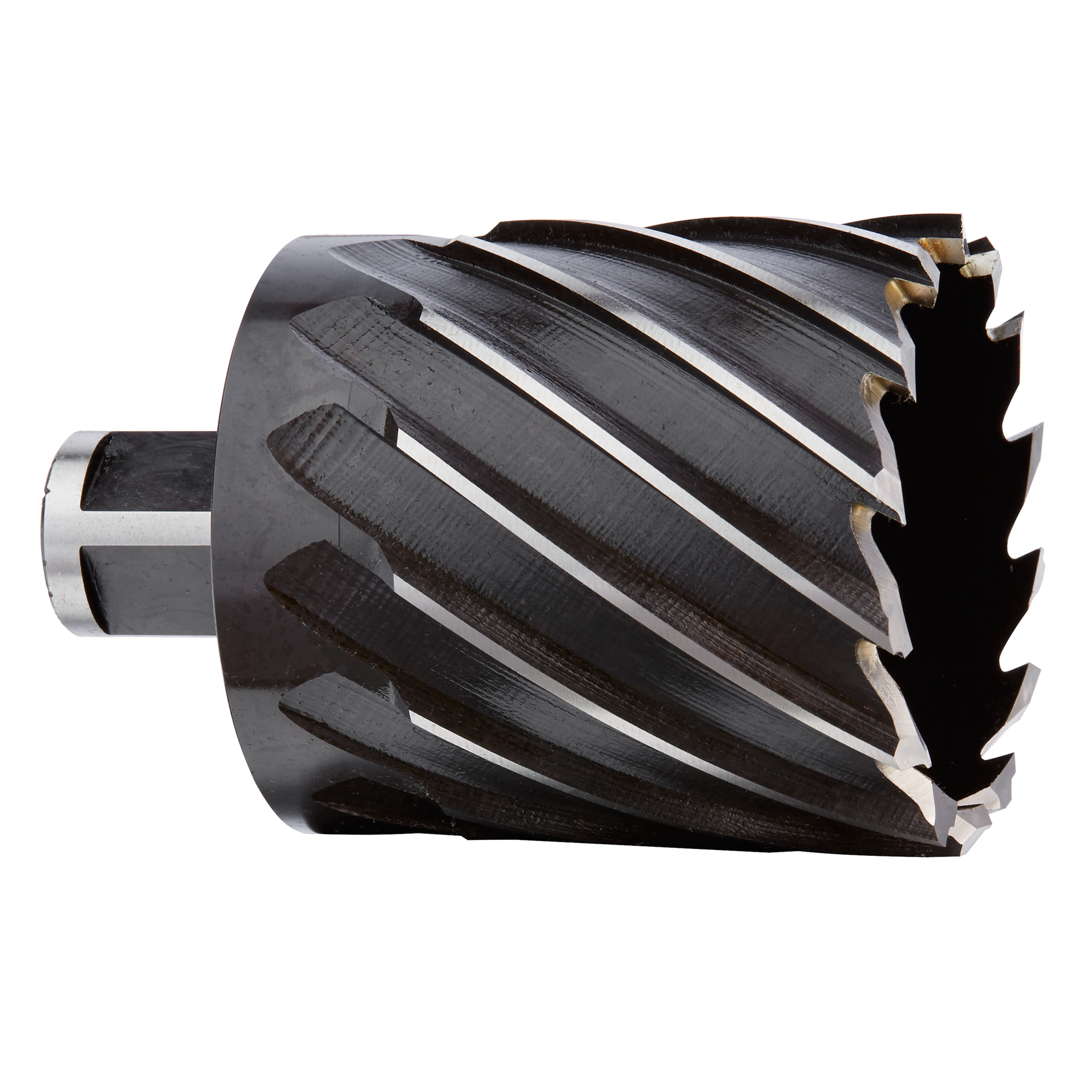 2-1/4" Annular Cutter with spiral flutes and a cylindrical shank, used for creating holes in metal materials.