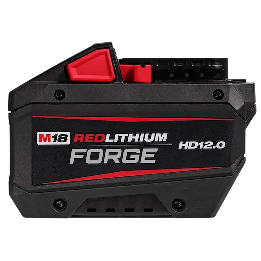 M18 REDLITHIUM FORGE HD12.0 Battery Pack, black and red, features a compact design with visible branding and a red release tab.