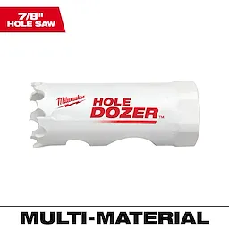 A white 7/8" Hole Dozer Bi-Metal Hole Saw with red text and branding, designed for cutting through multiple materials.