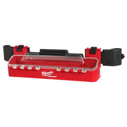 The PACKOUT Tool Box Accessory Case Attachment is a durable red storage unit with a transparent lid. It features multiple latches for secure closure and black clamps on the sides.