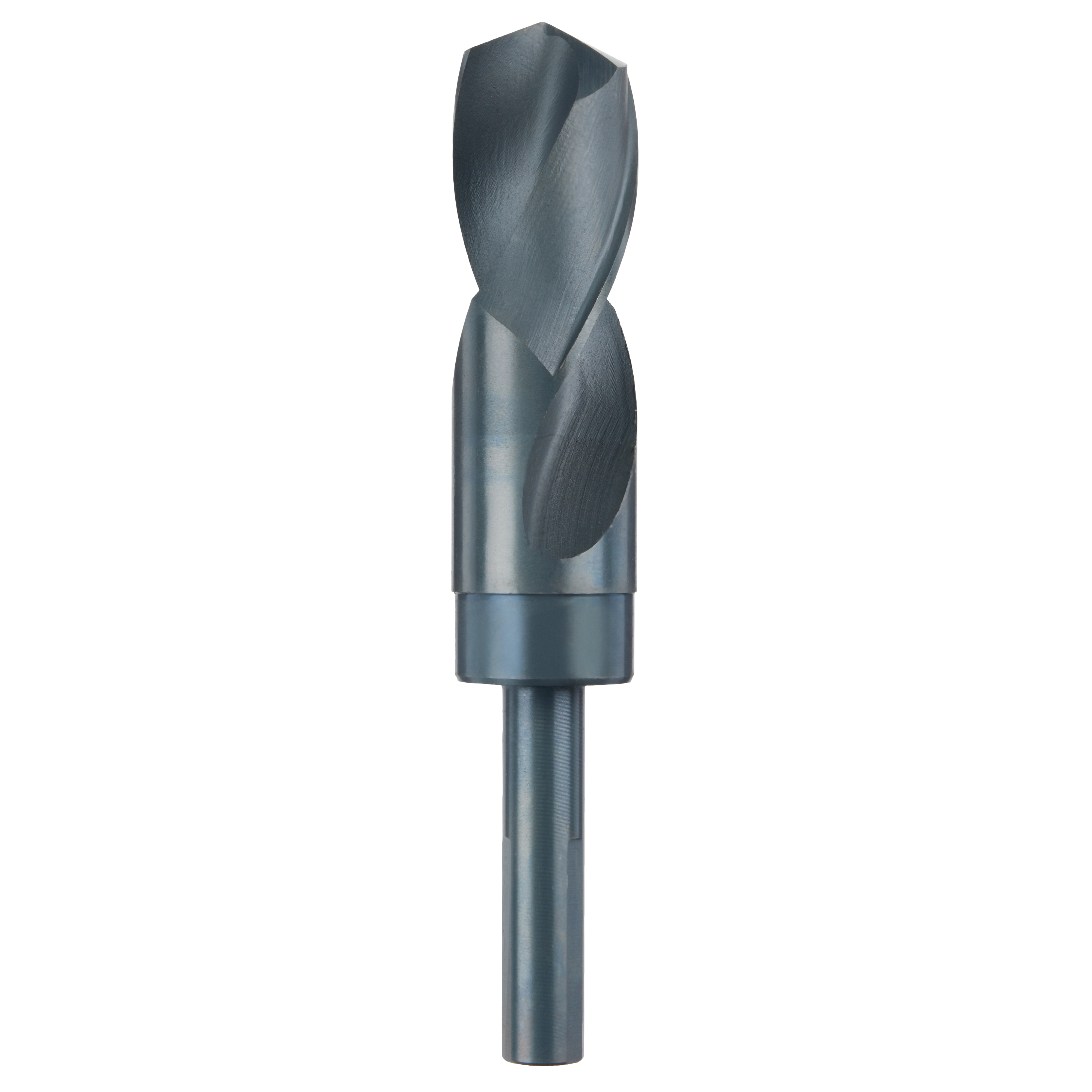 1-1/8" S&D Black Oxide Drill Bit with a heavy-duty design, featuring a silver-black finish and a spiral flute.