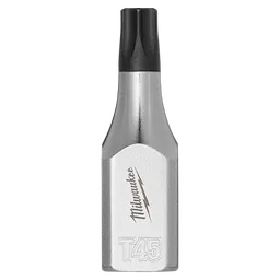 The 3/8" Drive T45 Tamper-Proof TORX Bit Socket is constructed from durable, shiny metal with a black TORX head. It features the Milwaukee logo etched on the side and is designed for tamper-resistant screws.