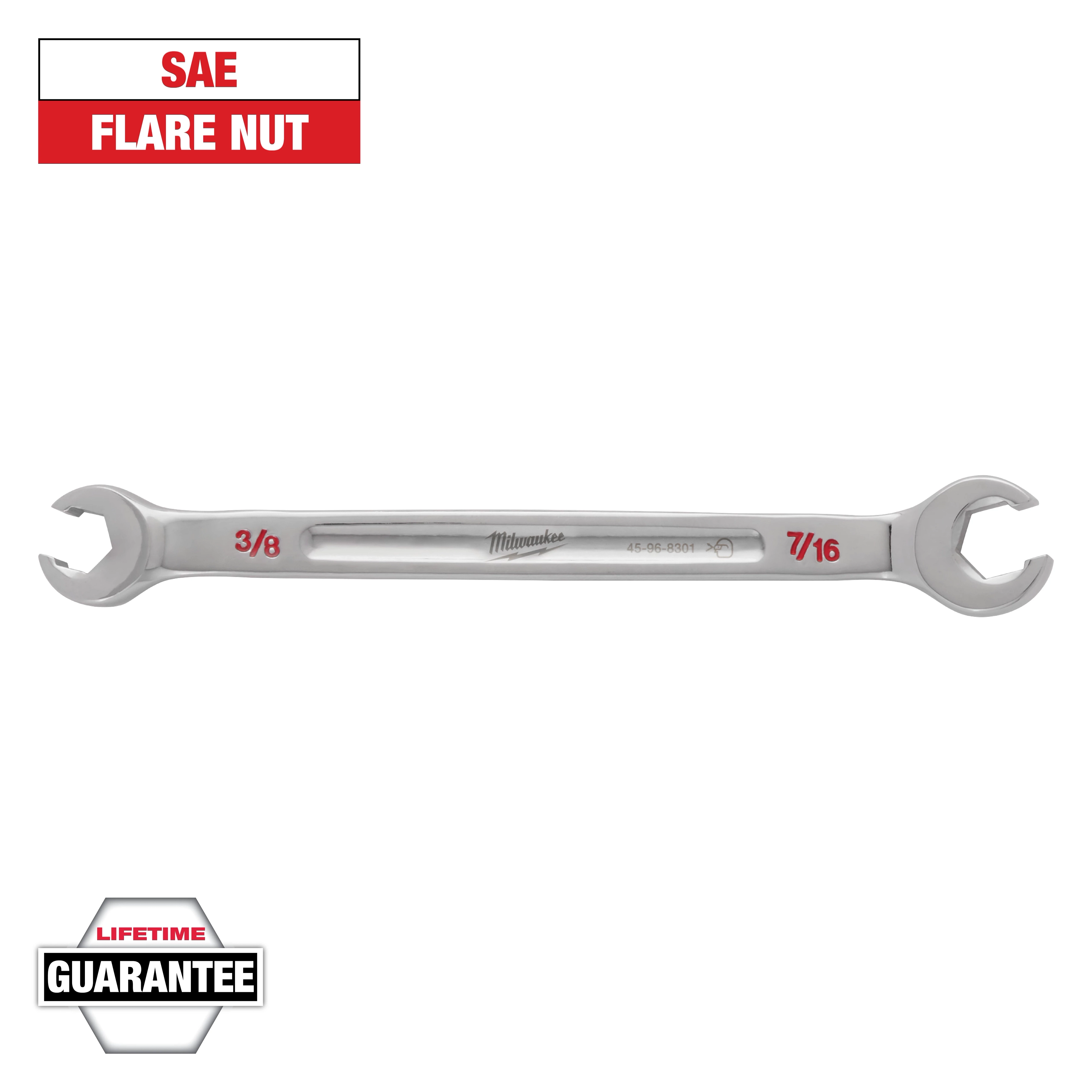This image shows a Milwaukee SAE flare nut wrench with dual ends marked 3/8 and 7/16. The text "Lifetime Guarantee" is at the bottom, and "SAE Flare Nut" is at the top of the image. The tool is made of silver metal.