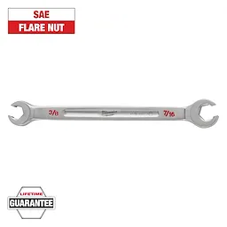 This image shows a Milwaukee SAE flare nut wrench with dual ends marked 3/8 and 7/16. The text "Lifetime Guarantee" is at the bottom, and "SAE Flare Nut" is at the top of the image. The tool is made of silver metal.