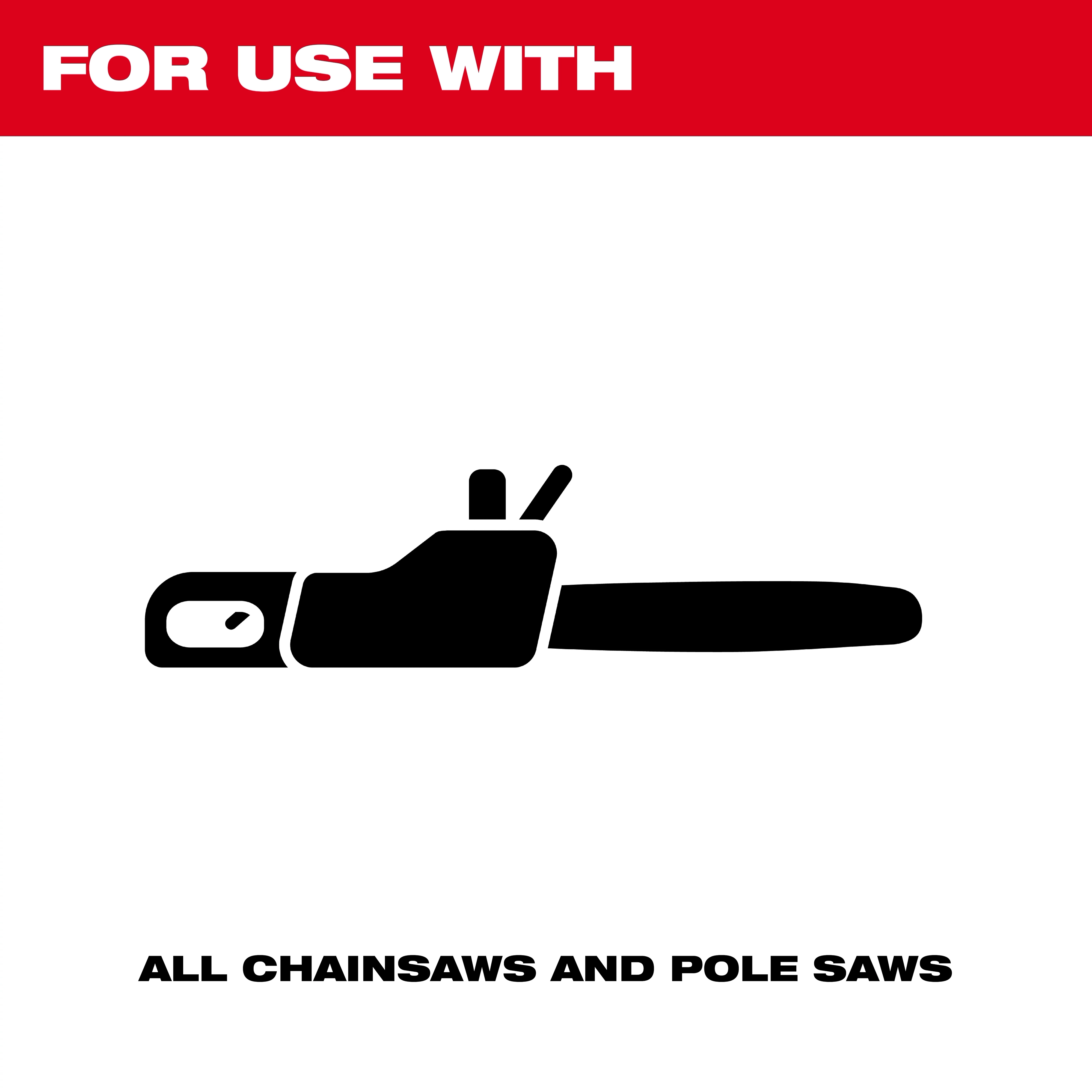 1 Gallon Biodegradable All Season Bar and Chain Lubricant is suitable for use with all chainsaws and pole saws. Image includes a black silhouette of a chainsaw, with bold text stating "FOR USE WITH" at the top and "ALL CHAINSAWS AND POLE SAWS" at the bottom.