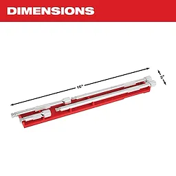 The image shows a red tool holder containing four chrome extension bars. The dimensions are indicated as 16 inches in length and 2 inches in width. The word "DIMENSIONS" is displayed in large white letters against a red background at the top of the image.