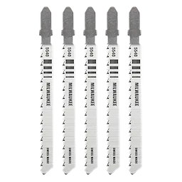 Five 3" 12TPI T-Shank Multi-Material Bi-Metal Jig Saw Blades arranged vertically, showcasing their teeth and branding.
