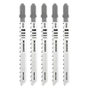 Five 3" 12TPI T-Shank Multi-Material Bi-Metal Jig Saw Blades arranged vertically, showcasing their teeth and branding.