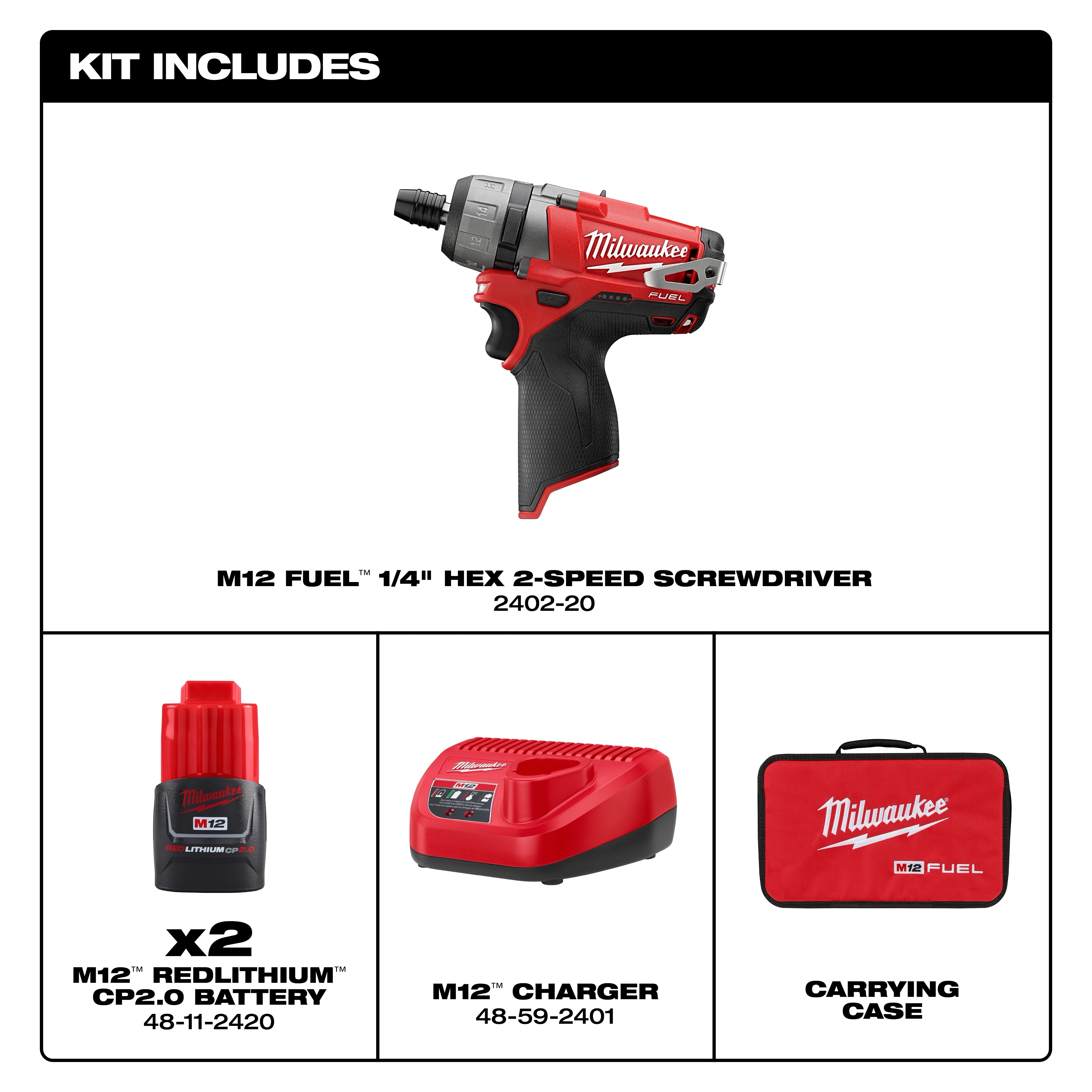 Milwaukee M12 FUEL 1/4" Hex 2-Speed Screwdriver Kit includes a red and black screwdriver, two M12 batteries, charger, and soft carrying case.