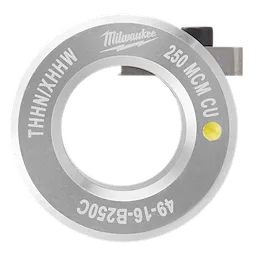 Milwaukee 49-16-B250C knockout punch die with "THHN/XHHW," "250 MCM CU" inscriptions, and a yellow marking on a metallic circular disc.