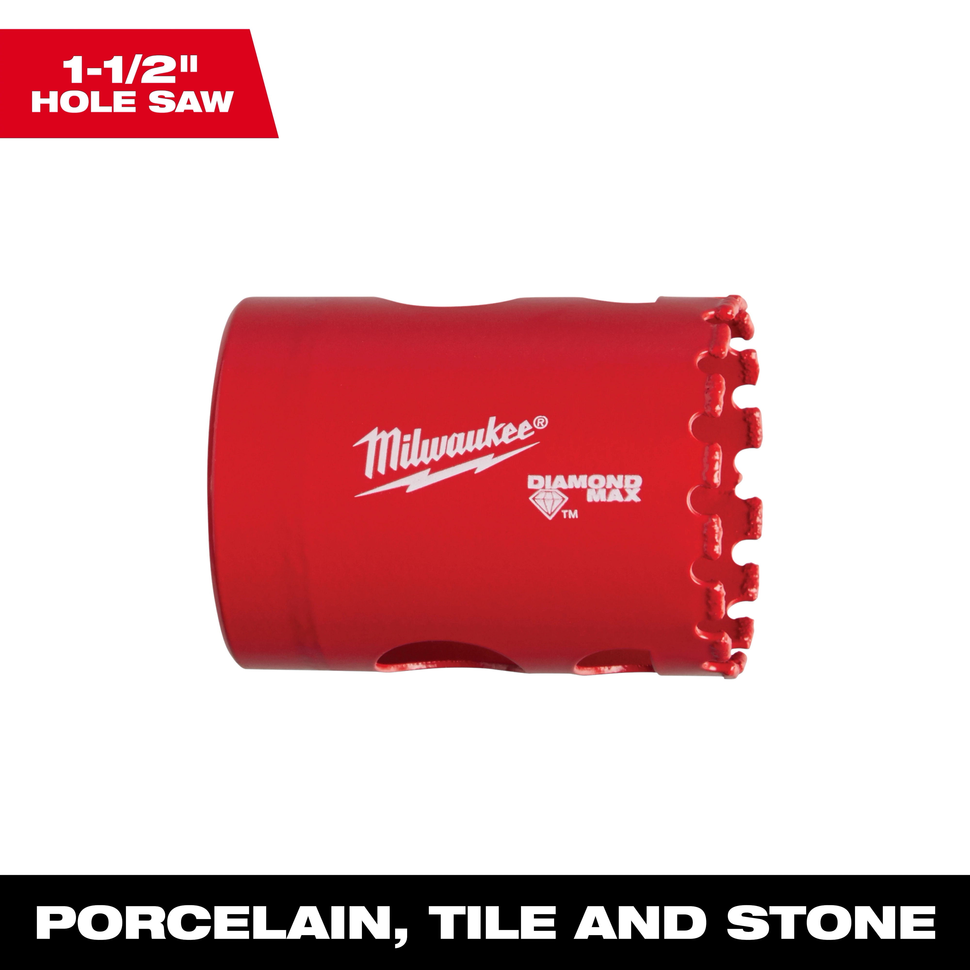 Milwaukee 1-1/2" DIAMOND MAX Hole Saw in red, designed for cutting porcelain, tile, and stone materials with precision.