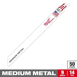 Milwaukee Sawzall blade for cutting medium metal, 9 inches long with 14 teeth per inch (TPI). Blade is white with red and black text, and includes an American flag graphic. Packaging indicates a 50-pack quantity.