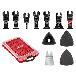 The Universal Fit OPEN-LOK™ 15PC Oscillating Multi-Tool Blade Kit w/ Modular Case includes specialized blades for wood, hardwood, multi-material, and titanium cutting, along with sanding attachments. The blades are accompanied by a modular red and clear case for organized storage. The case has a black latch and Milwaukee branding.
