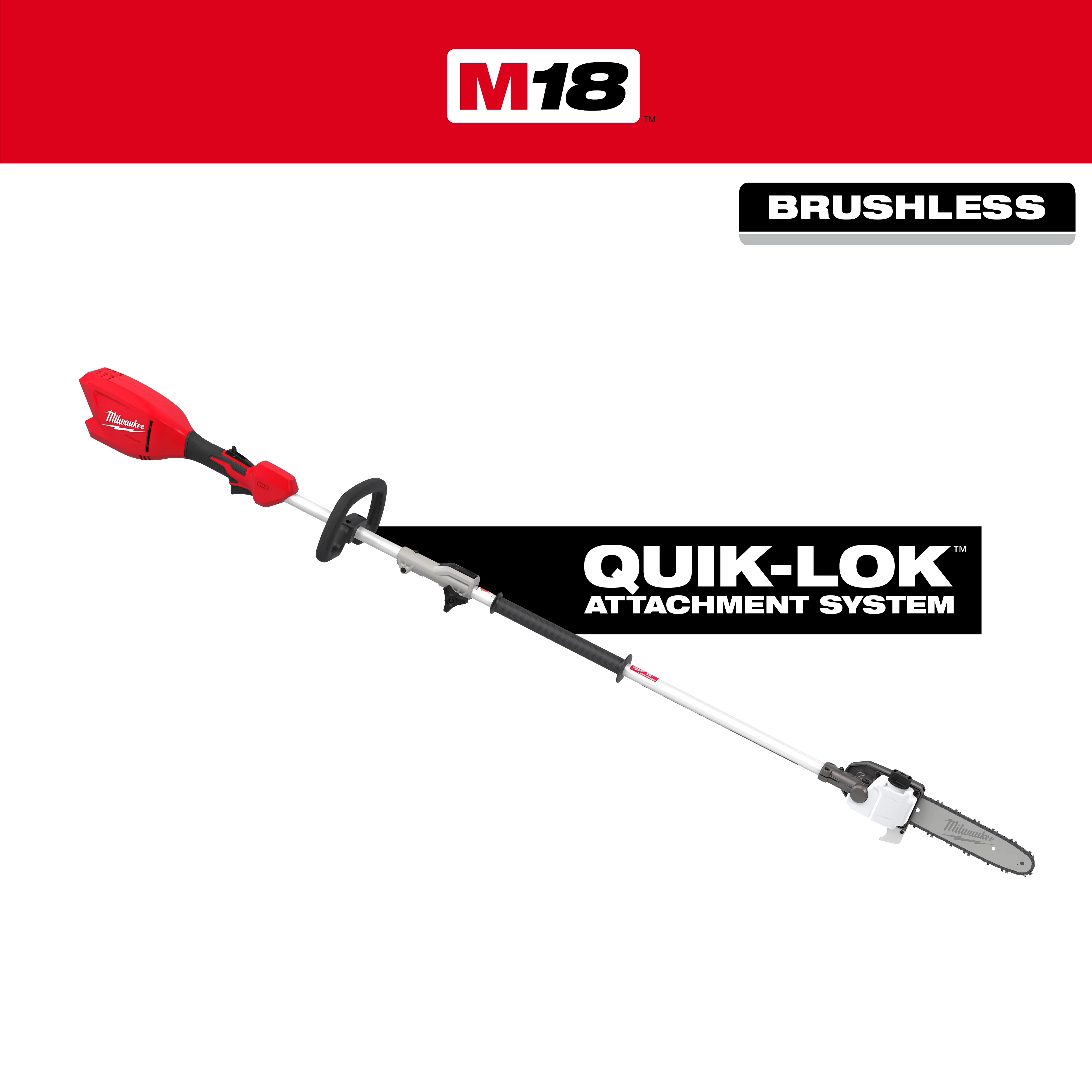 M18 QUIK-LOK Brushless Pole Saw with long handle and chainsaw attachment on a white background.