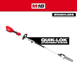 M18 QUIK-LOK Brushless Pole Saw with long handle and chainsaw attachment on a white background.