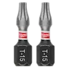 Two SHOCKWAVE™ Impact TORX® T15 Insert Bits (2 PK) by Milwaukee are shown. The bits are black with T-15 marked at the base and a silver tip. Each bit has a red and white Milwaukee logo near the top.