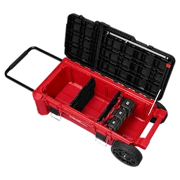 PACKOUT Rolling Tool Chest with Compact Split Lid open, showing interior dividers, batteries, wheels, and extended handle.