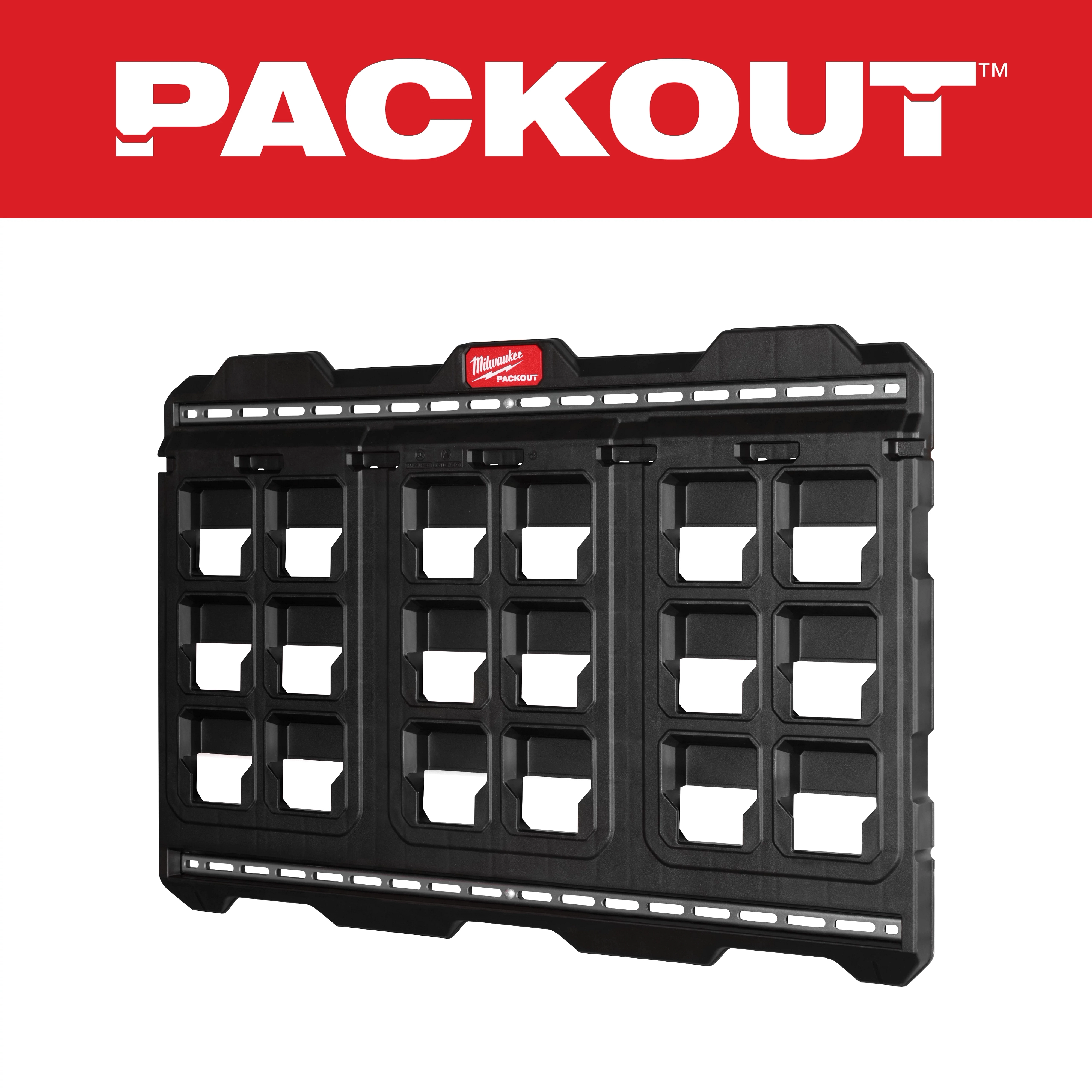PACKOUT Large Wall Plate by Milwaukee, black, with multiple slots for tool storage, displayed with the PACKOUT brand logo above.